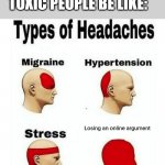Types of Headaches meme | TOXIC PEOPLE BE LIKE:; Losing an online argument | image tagged in types of headaches meme | made w/ Imgflip meme maker