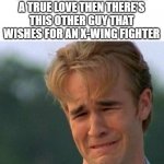 Regret | THERE'S A WISHING WELL THAT GRANTS YOUR WISHES AND YOU WISH FOR A TRUE LOVE THEN THERE'S THIS OTHER GUY THAT WISHES FOR AN X-WING FIGHTER | image tagged in 5k regret,star wars | made w/ Imgflip meme maker