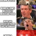 Mr. McMahon reaction | I GOT THE DEAN’S LIST; MOM ALLOWS ME TO GET MEXICAN FOOD; MOM AND DAD GET A FRAME FOR THE AWARD; I MAKE A MEME ABOUT IT | image tagged in mr mcmahon reaction | made w/ Imgflip meme maker