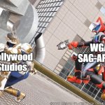 Two sides of a coin | WGA
SAG-AFTRA; Hollywood Studios | image tagged in two sides of a coin | made w/ Imgflip meme maker