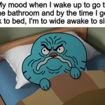 This happens often, unfortunately :( | My mood when I wake up to go to the bathroom and by the time I get back to bed, I'm to wide awake to sleep: | image tagged in grumpy gumball | made w/ Imgflip meme maker