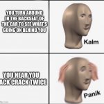 Last meme today, see you guys tomorrow! | YOU TURN AROUND IN THE BACKSEAT OF THE CAR TO SEE WHAT'S GOING ON BEHIND YOU; YOU HEAR YOU BACK CRACK TWICE | image tagged in kalm and panik,car,back,pain,windows | made w/ Imgflip meme maker