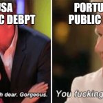 Same but different | USA PUBLIC DEBPT; PORTUGAL PUBLIC DEBT | image tagged in gordon ramsay kids vs adults | made w/ Imgflip meme maker