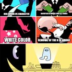 How Amogus was made | BACKPACK REMOVAL AND FEET ADDER; RED AMONG US CHARACTER; WHITE COLOR; REMOVAL OF THE N IN AMONG | image tagged in powerpuff girls | made w/ Imgflip meme maker