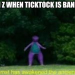 Imgflip better | GEN Z WHEN TICKTOCK IS BANNED | image tagged in whomst has awaken the acient one,memes,barney | made w/ Imgflip meme maker