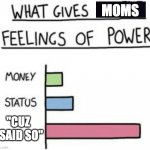 Cuz i said so | MOMS; "CUZ I SAID SO" | image tagged in what gives people feelings of power | made w/ Imgflip meme maker