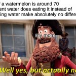 WATERMELON JUICE | me:if a watermelon is around 70 procent water does eating it instead of drinking water make absolutely no difference; my mom | image tagged in memes,well yes but actually no | made w/ Imgflip meme maker