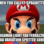 Angry Mario | MARIO WHEN YOU CALL IT 'SPAGHETTI' AND NOT; BERGAMAN LIGHT TAN FERRAZZUOLI MAMMA MIA VARIATION SPOTTED SUBVARIATION | image tagged in angry mario | made w/ Imgflip meme maker