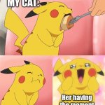 funny bunny | MY CAT:; Her having the moment | image tagged in pikachu loves food | made w/ Imgflip meme maker