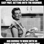 Cheating | WELL, CHEATING ON ME WAS THE EASY PART. GETTING ONTO THE HIGHWAY, AND DRIVING TO WORK WITH NO BRAKE FLUID WILL BE THE TOUGH PART. | image tagged in vintage woman cooking | made w/ Imgflip meme maker