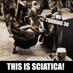 Sciatica | ME TURNING 36; THIS IS SCIATICA! | image tagged in madness - this is sparta | made w/ Imgflip meme maker