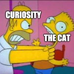 Homer strangling Bart | CURIOSITY; THE CAT | image tagged in homer strangling bart,cat,meme | made w/ Imgflip meme maker
