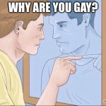 Man pointing in mirror | WHY ARE YOU GAY? | image tagged in man pointing in mirror | made w/ Imgflip meme maker
