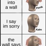 title | i bump into a wall; I say im sorry; the wall says its ok | image tagged in memes,panik kalm panik | made w/ Imgflip meme maker
