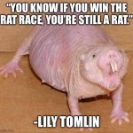 naked mole rat | “YOU KNOW IF YOU WIN THE RAT RACE, YOU’RE STILL A RAT.”; -LILY TOMLIN | image tagged in naked mole rat | made w/ Imgflip meme maker