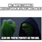 Perfect as You Are | ME: MAYBE I SHOULD REFLECT UPON MY PAST MISTAKES? ALSO ME: YOU'RE PERFECT AS YOU ARE. | image tagged in me vs inner me | made w/ Imgflip meme maker