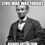 Beans in chili | MOST PEOPLE DON'T KNOW THE AMERICAN CIVIL WAR WAS FOUGHT; BECAUSE COTTON FARM OWNERS FORCED THEIR SLAVES TO EAT THEIR CHILI WITHOUT BEANS | image tagged in abe lincoln,civil war | made w/ Imgflip meme maker
