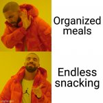 I eat like I fxck: what I want, when I want | Organized meals; Endless snacking | image tagged in memes,drake hotline bling | made w/ Imgflip meme maker