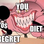 Things you wanna regret | YOU; MENTOS; DIET COLA; REGRET | image tagged in evil richard | made w/ Imgflip meme maker