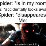 Where did that spider go?! | Spider: *is in my room*; Me: *accidentally looks away*; Spider: *disappeares*; Me: | image tagged in activate instant kill,memes,spider,funny,scared | made w/ Imgflip meme maker