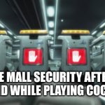 wall-e security bots halt | THE MALL SECURITY AFTER I RAN AROUND WHILE PLAYING COCONUT MALL | image tagged in wall-e security bots halt | made w/ Imgflip meme maker