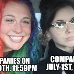 companies during pride month | COMPANIES ON JUNE 30TH, 11:59PM; COMPANIES ON JULY 1ST, 12:00AM | image tagged in rainbow hair and goth,company,pride,pride month,rainbow,gay | made w/ Imgflip meme maker