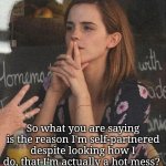 A hot mess | So what you are saying is the reason I'm self-partnered despite looking how I do, that I'm actually a hot mess? | image tagged in so what you're saying emma watson,emma watson,hermione granger,harry potter,dating | made w/ Imgflip meme maker