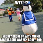 Goofy, Donald Duck, Daisy Duck | WTF?!? MICKEY BROKE UP WITH MINNIE BECAUSE SHE WAS FKN GOOFY, TOO! | image tagged in goofy donald duck daisy duck | made w/ Imgflip meme maker