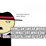a good question | HOW CAN SWEAR WORDS BE IMMATURE WHEN ONLY ADULTS ARE ALLOWED TO SAY THEM? | image tagged in dont make no sense,swear word,question | made w/ Imgflip meme maker