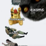 schools be like : | studying; exams; homework; school; me trying to play on my computer | image tagged in crushing combo | made w/ Imgflip meme maker