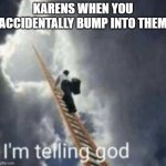 This is true it happened today | KARENS WHEN YOU ACCIDENTALLY BUMP INTO THEM | image tagged in im telling god,philosoraptor | made w/ Imgflip meme maker