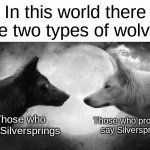 As a Saskatoon-born, I can relate to this | In this world there are two types of wolves; Those who properly say Silverspring; Those who say Silversprings | image tagged in inside of you there are two wolves | made w/ Imgflip meme maker