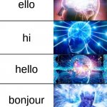 the best greeting | yo; whats up; ello; hi; hello; bonjour; hola; aloha | image tagged in 8-tier expanding brain,which one,greetings | made w/ Imgflip meme maker