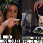 idk | PARENTS: VIDEO GAMES MAKE KIDS VIOLENT; ME: THE STRESS OF SCHOOL MAKES PEOPLE VIOLENT | image tagged in woman yelling at cat | made w/ Imgflip meme maker
