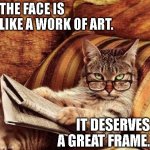 Great frame | THE FACE IS LIKE A WORK OF ART. IT DESERVES A GREAT FRAME. | image tagged in reading cat with glasses | made w/ Imgflip meme maker