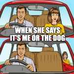 Me or the dog | WHEN SHE SAYS IT'S ME OR THE DOG | image tagged in couple in car | made w/ Imgflip meme maker