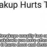 Breakup Breakdown | Nah.  Breakups usually last only a few minutes.  The breakdown you have after losing the love of your life is where it hurts most and destroys you for years. | image tagged in breakup,breakdown,love,soulmates,relationships | made w/ Imgflip meme maker
