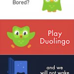 3am | Play Duolingo; and we will not wake you up at 2am | image tagged in duolingo bored 3-panel,2am | made w/ Imgflip meme maker