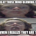 Gahahahaha look at all these.... oh | ME LOOKING AT THOSE MIND-BLOWING THOUGHTS; ME WHEN I REALIZE THEY ARE TRUE | image tagged in screaming for the wrong reasons,blow my mind | made w/ Imgflip meme maker