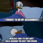 donald duck bed | I FORGOT TO DO MY ASSIGNMENT. REALIZES THAT ITS DUE DATE FALLS AROUND THE NEXT TWO WEEKS. | image tagged in memes,task,days | made w/ Imgflip meme maker