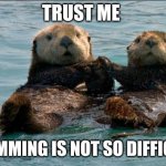 Otter Couple | TRUST ME; SWIMMING IS NOT SO DIFFICULT | image tagged in otter couple | made w/ Imgflip meme maker