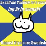 Well you know Iam somewhat of a Swedish user myself | Jag är ju svensk! They call me Swedish for a reason! Repost if you are Swedish | image tagged in swedish art cat | made w/ Imgflip meme maker