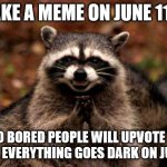 Evil Plotting Raccoon Meme | MAKE A MEME ON JUNE 11TH; SO BORED PEOPLE WILL UPVOTE IT WHEN EVERYTHING GOES DARK ON JUNE 12 | image tagged in memes,evil plotting raccoon | made w/ Imgflip meme maker