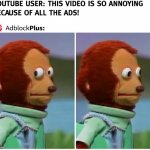 Awkward Look Monkey | image tagged in adblock is a thing,memes,monkeypuppet,awkward,youtube,funny | made w/ Imgflip meme maker