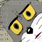 Owww :( | How to fall down the stairs:; Step 1; Step 2; Step 3; Step 5; Step 8; Step 12; Step 24 | image tagged in memes,unsettled tom | made w/ Imgflip meme maker