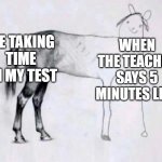 Horse Drawing | ME TAKING TIME ON MY TEST; WHEN THE TEACHER SAYS 5 MINUTES LEFT | image tagged in horse drawing | made w/ Imgflip meme maker