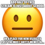 Not funny | BRO HALF OF THIS STREAM IS JUST ABOUT SCHOOL; OR A PLACE FOR NEW USERS TO POST THE MOST SHITTY MEMES IN.... | image tagged in not funny | made w/ Imgflip meme maker