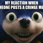 ugly sonic | MY REACTION WHEN SOMEONE POSTS A CRINGE MEME: | image tagged in ugly sonic,funny,cringe,sonic | made w/ Imgflip meme maker