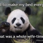 #MessPandaSay ... | I used to make my bed every day, but that was a whole wife-time ago. #MessPandaSay | image tagged in panda eating bamboo,wife,panda | made w/ Imgflip meme maker