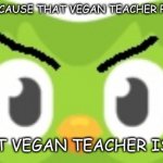 duolingo mad | I AM ANGRY BECAUSE THAT VEGAN TEACHER POSTED TODAY; AND THAT VEGAN TEACHER IS CRINGE | image tagged in duolingo mad | made w/ Imgflip meme maker